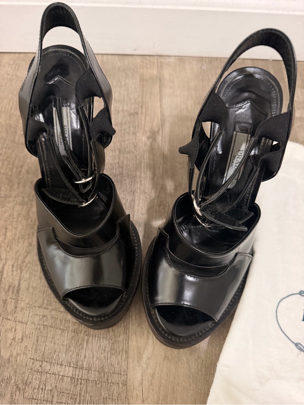 Prada Black Patent Leather Peep-Toe Slingback Heels